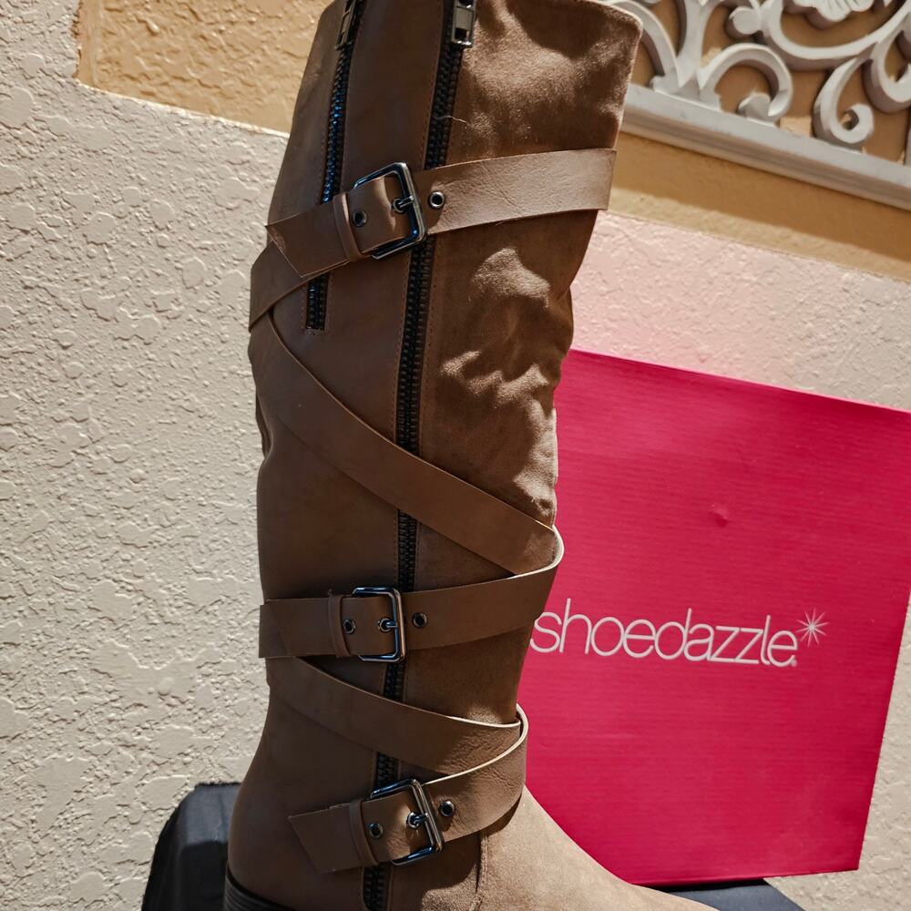 Moto Cecily Boots Women’s 8 Taupe Knee High Buckle Zip Faux Suede New Y2K Winter - Picture 8 of 13